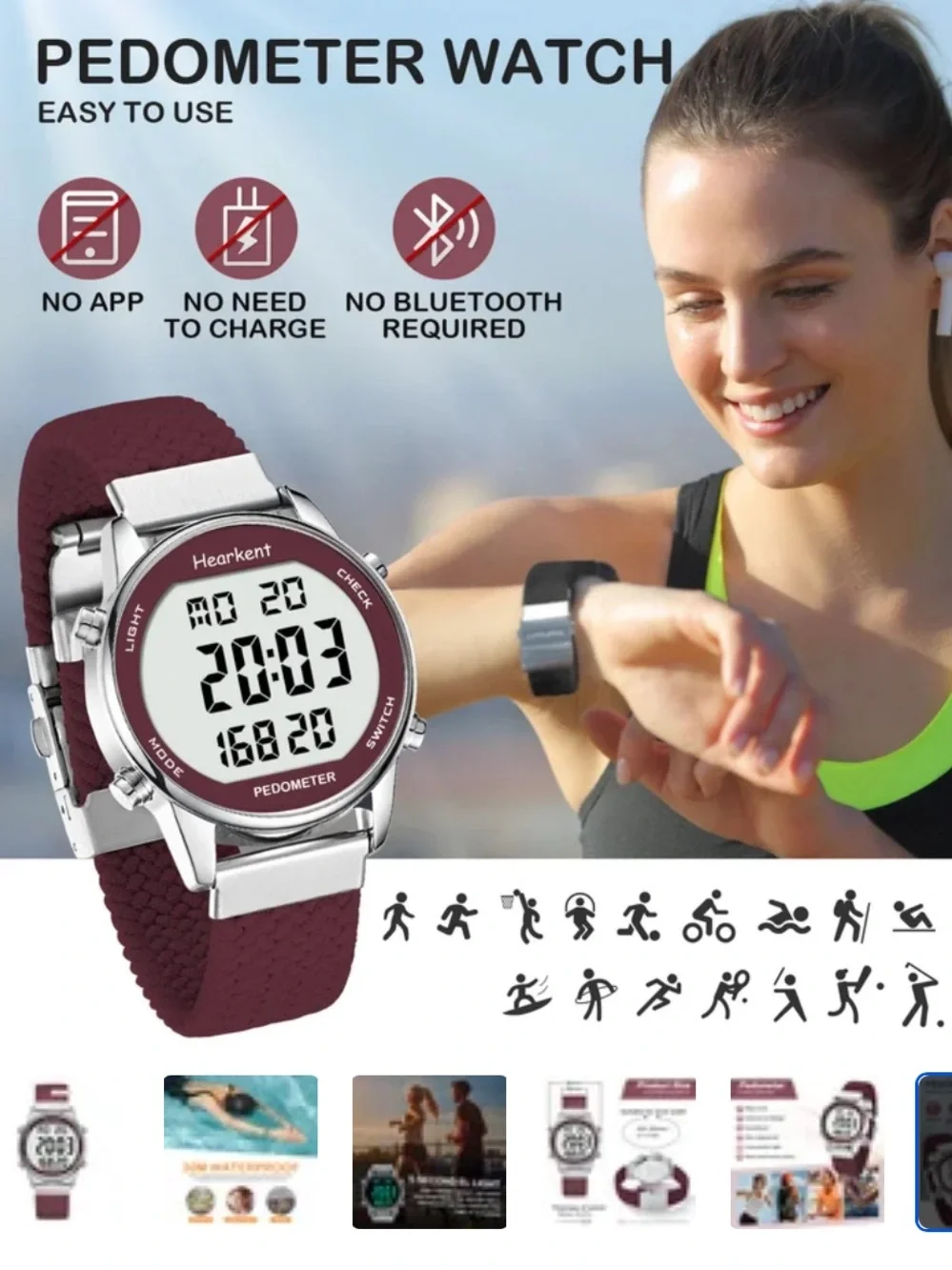 Hearkent Women's 2401P Pedometer Watch in Red featuring a stainless steel case